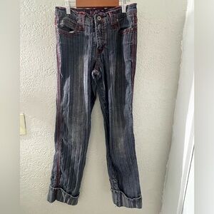 Y2K Fluid Jeans- Striped Distressed Grunge Denim‎ with Red Accents Size 11